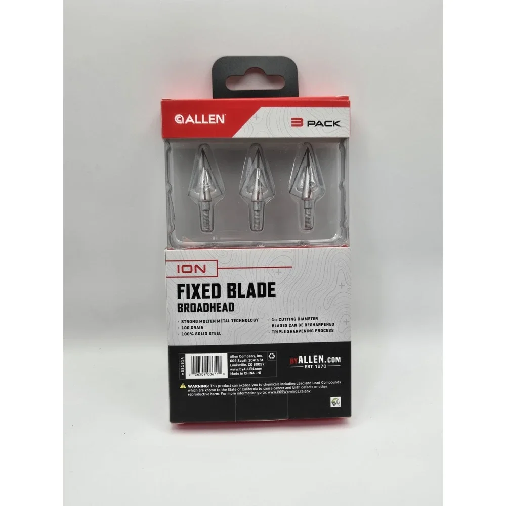 Allen Ion Fixed Blade Broadhead 3 Pack 100 Grain Crossbow Bow Solid Steel - NEW